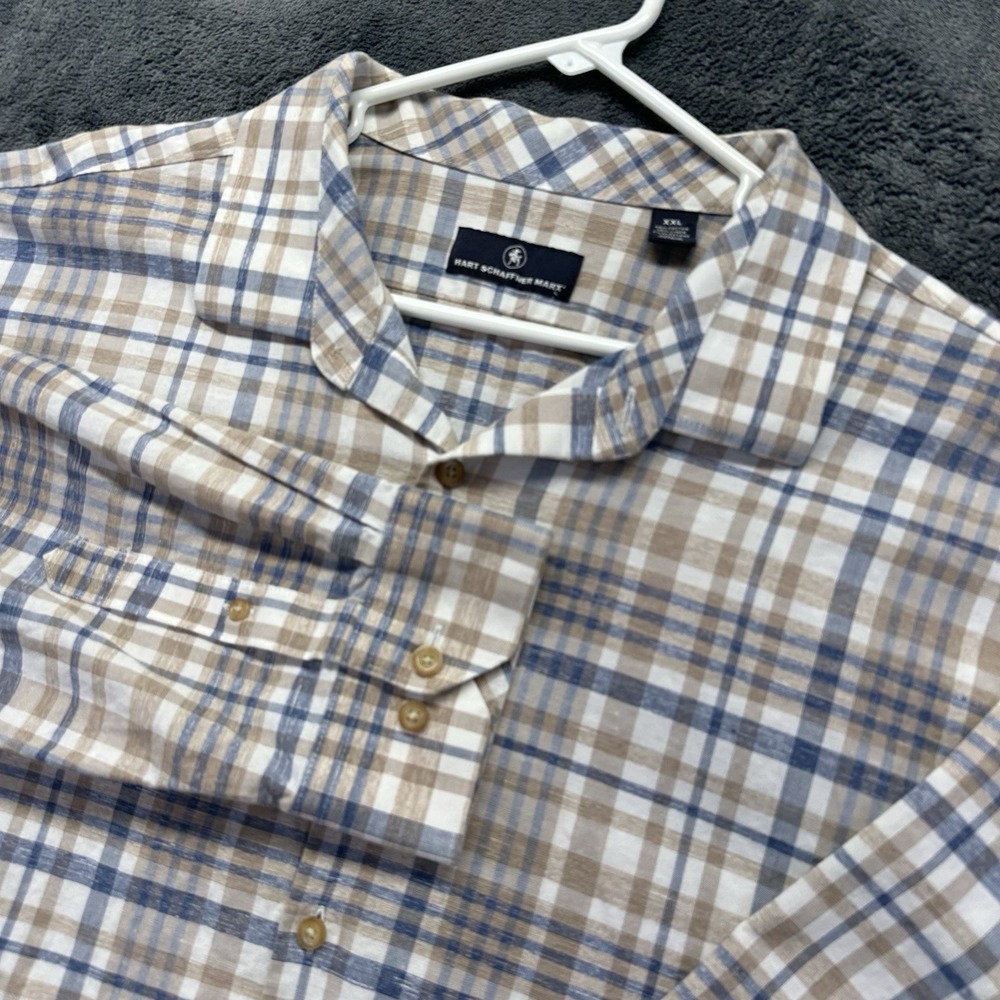 Hart Schaffner Marx Button Down Shirt Mens 2XL Blue Plaid Linen Blend Stretch